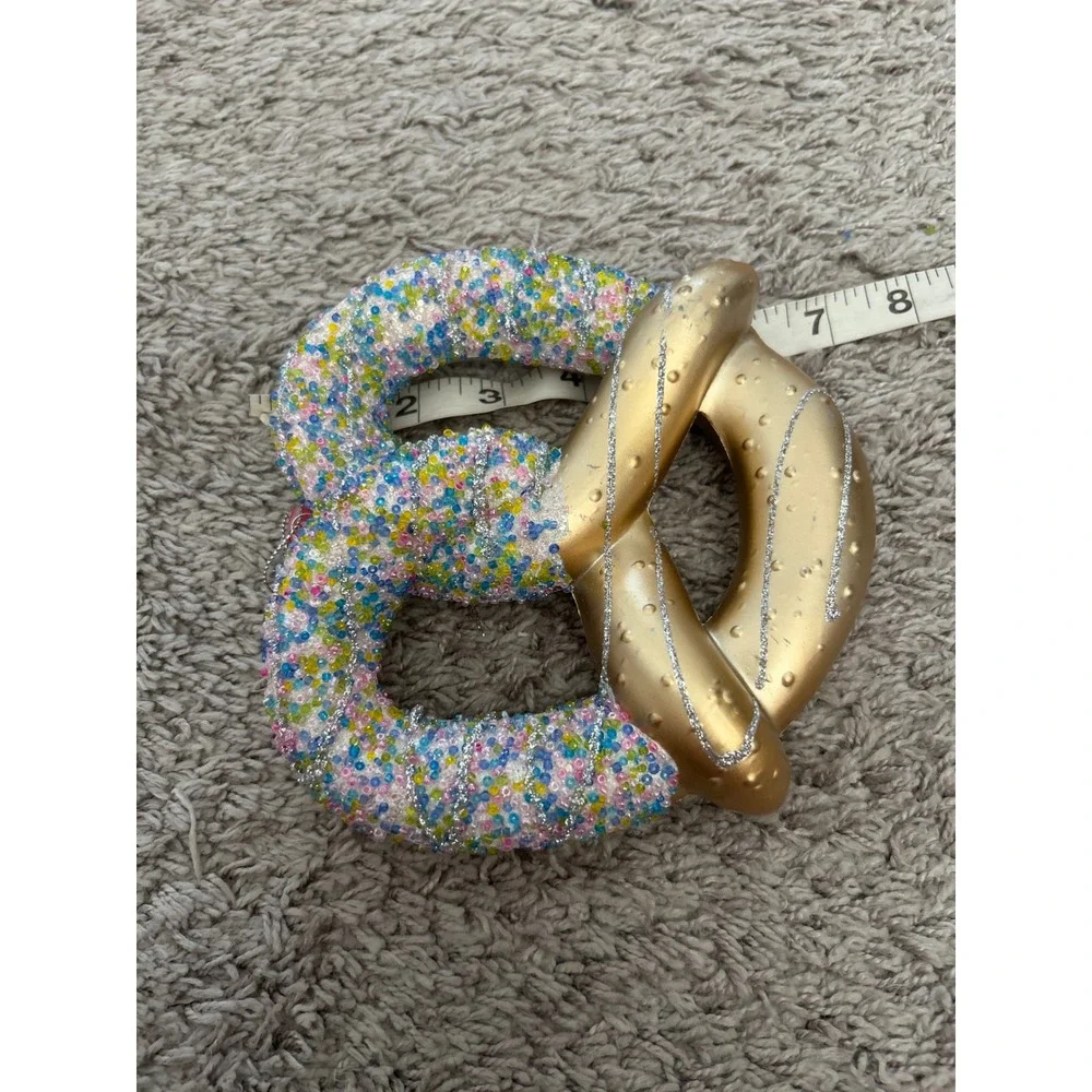 Holiday Time Gold Beaded Pretzel Christmas Ornament Multi Color Pastel Glitter